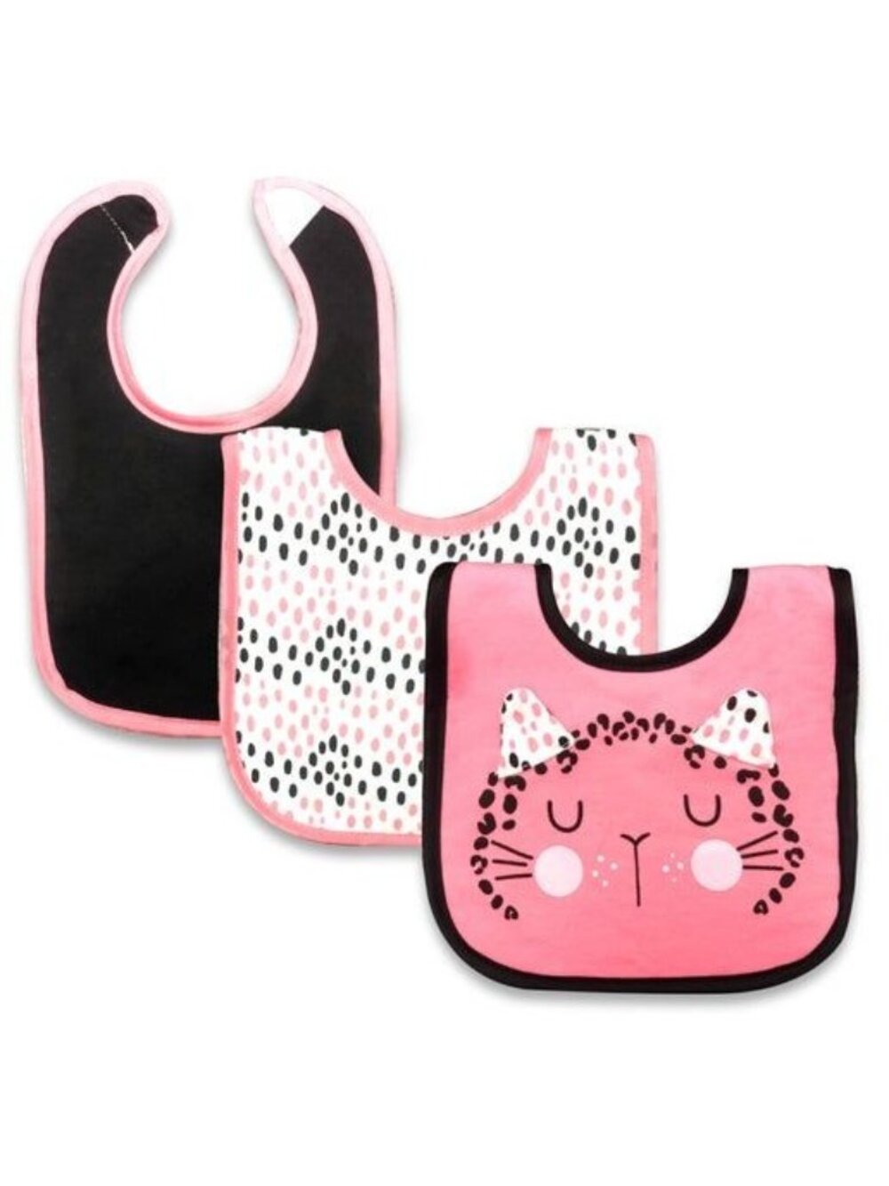 Baby Kiss 3-Pack Baby Bibs With Pink Cat & Polka Dot Designs Reversible Soft Cot